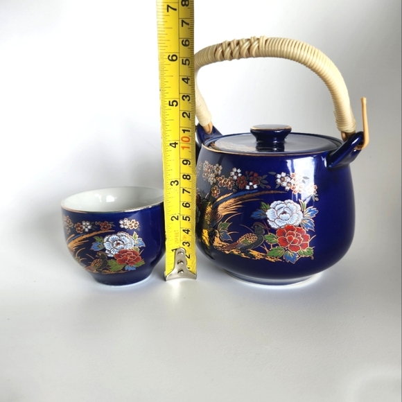 Vintage Kutani Japanese Porcelain Teapot & 4 Cups-Cobalt Blue Flowers Gold Rim - Picture 7 of 9